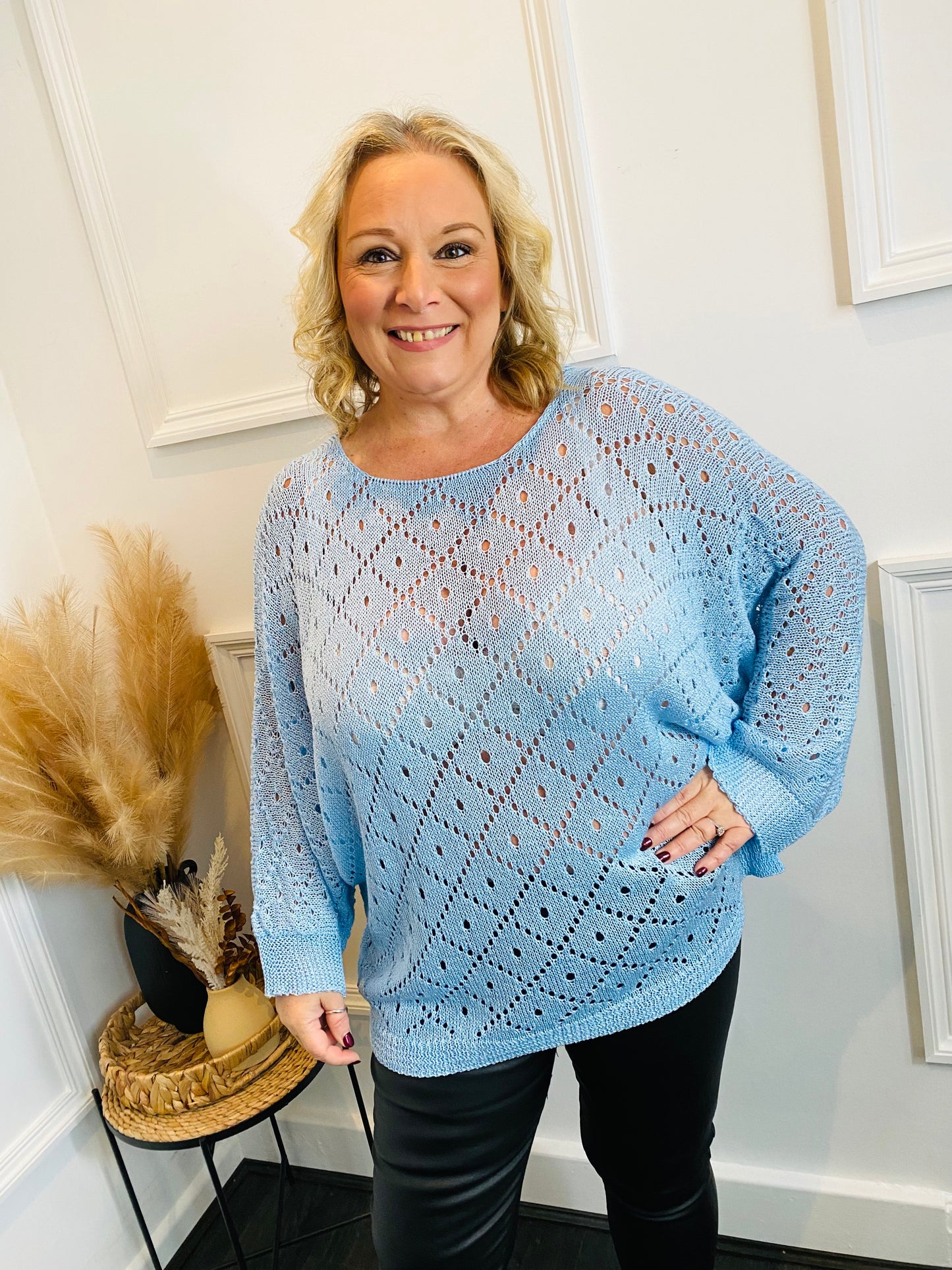 ROMILLY - Blue Crochet Thin Knit Top