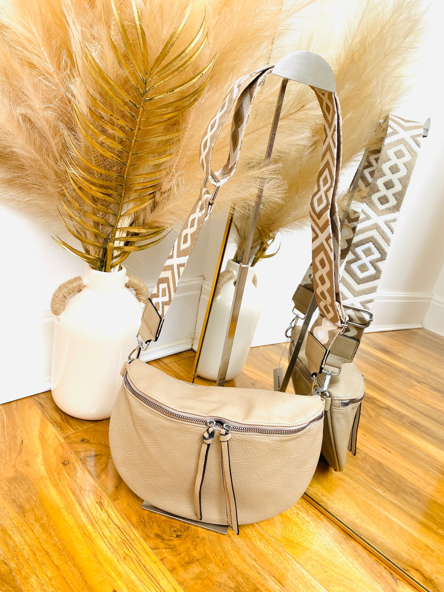 CASSEY - Beige Faux Leather Cross Body Bum Bag With Canvas Strap