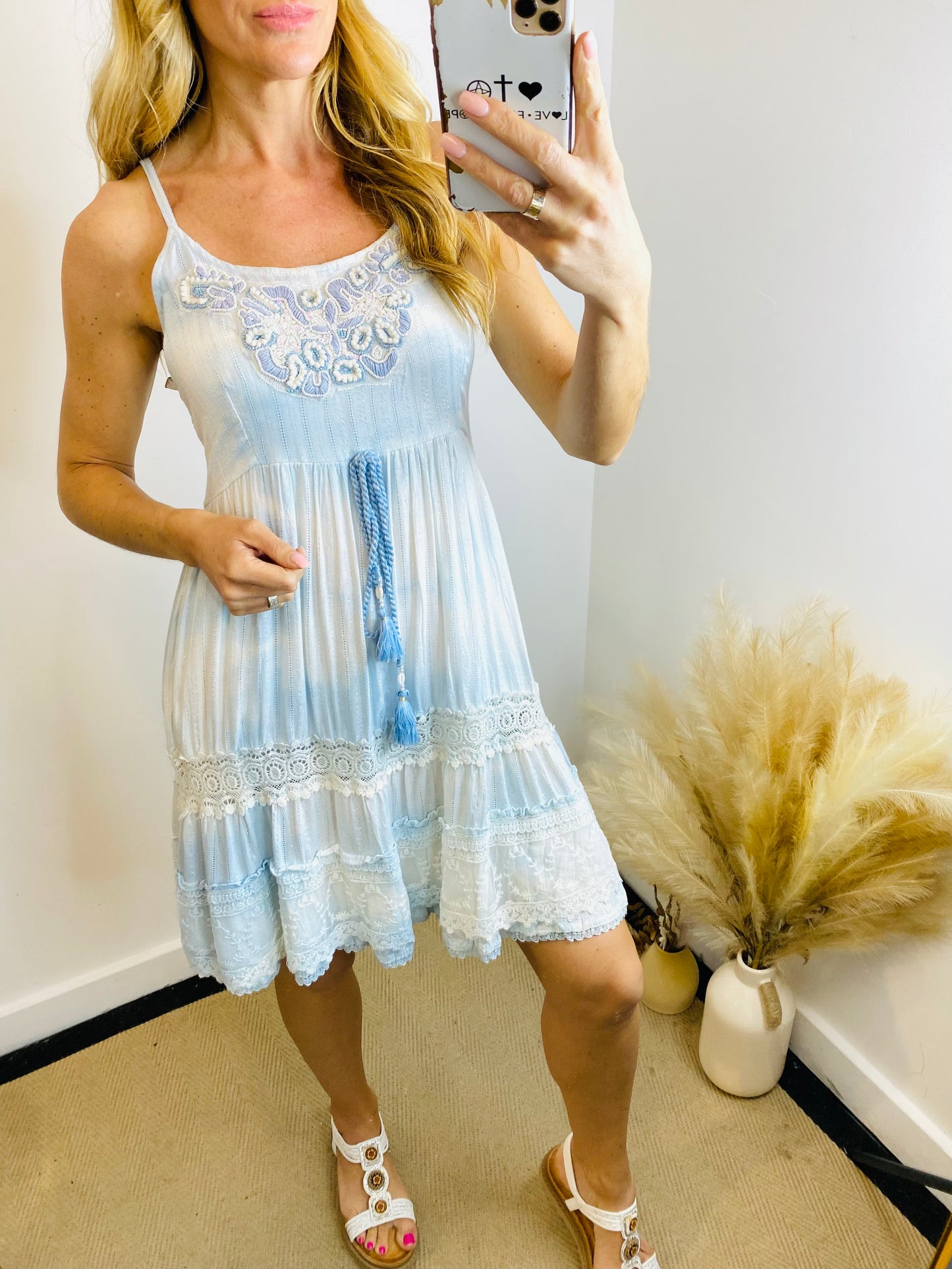 MELODY - Boho Spaghetti Strap Short Dress In Pale Blue