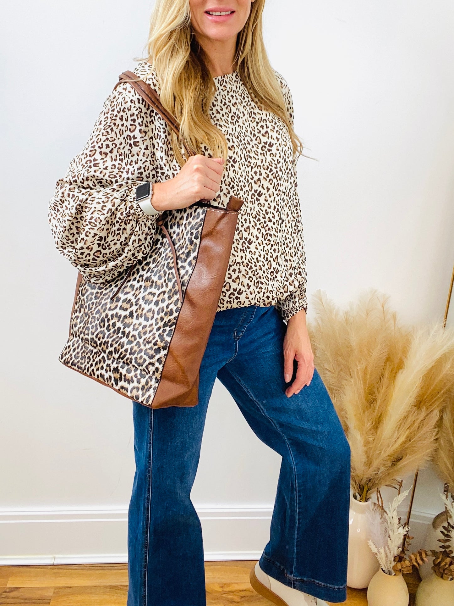 SADIE - Tan Leopard Faux Leather Shopper Bag With Insert Pouch
