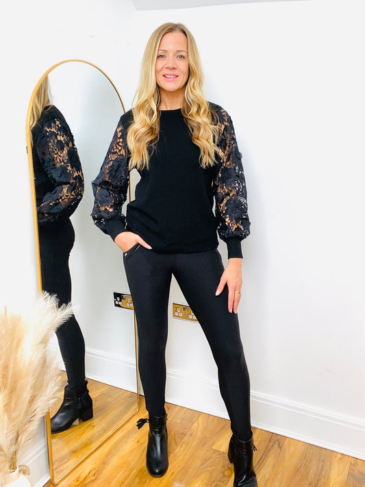 LYLA - Black Lace Sleeve Thin Knit Top