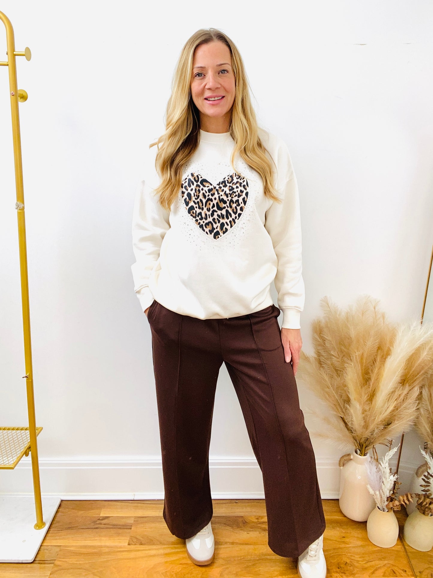 LEONA - Ivory Longline Leopard Heart Sweatshirt By Chilli & Charm