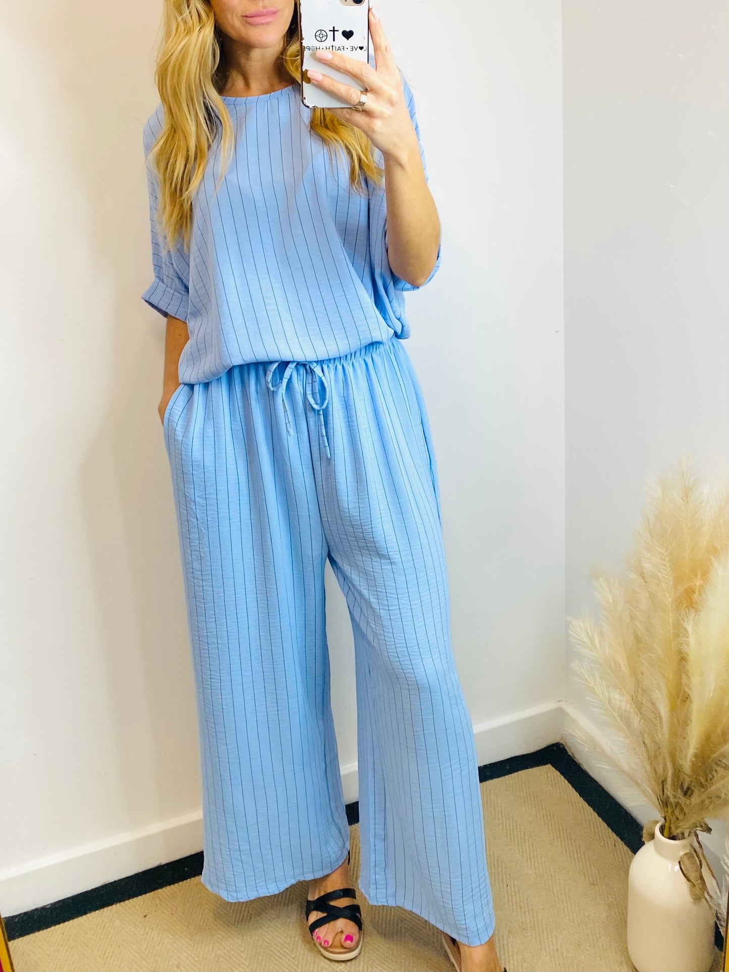 LOU - Elasticated Waist Wide Leg Trouser In Pale Blue (CLEARANCE)
