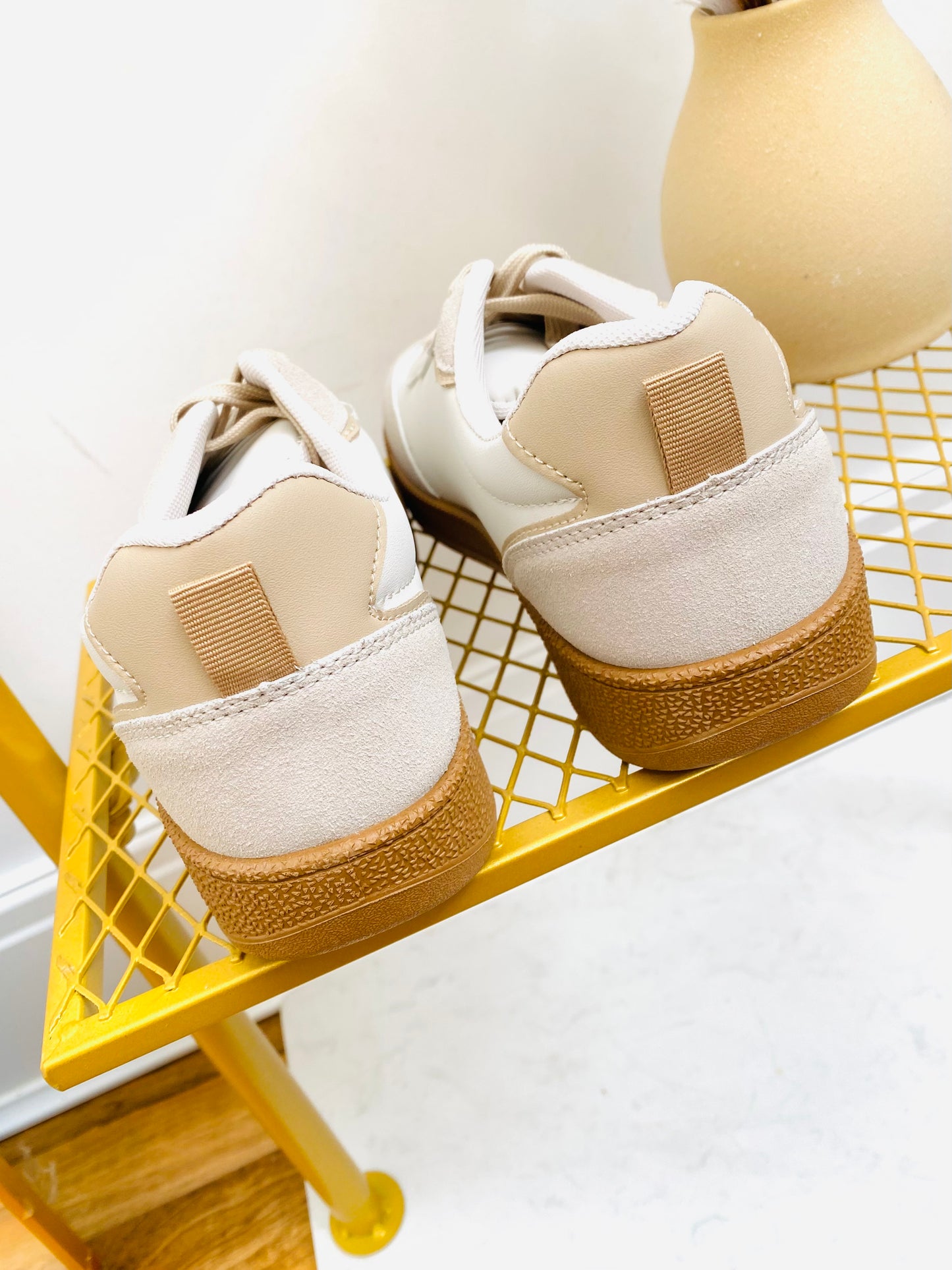 ATLANTA - Beige & Cream Faux Leather & Suede Gum Sole Trainer
