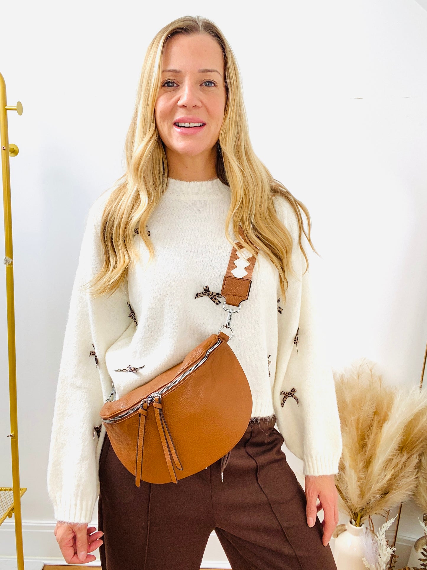 CASSEY - Tan Faux Leather Cross Body Bum Bag With Canvas Strap