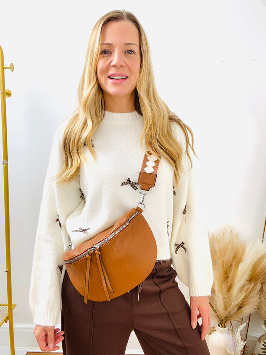 CASSEY - Tan Faux Leather Cross Body Bum Bag With Canvas Strap