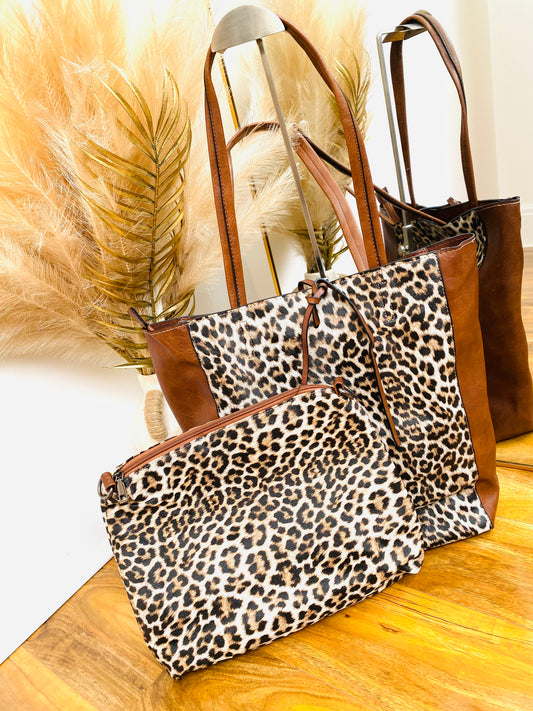 SADIE - Tan & Leopard Shoulder Shopper Bag With Inset Bag