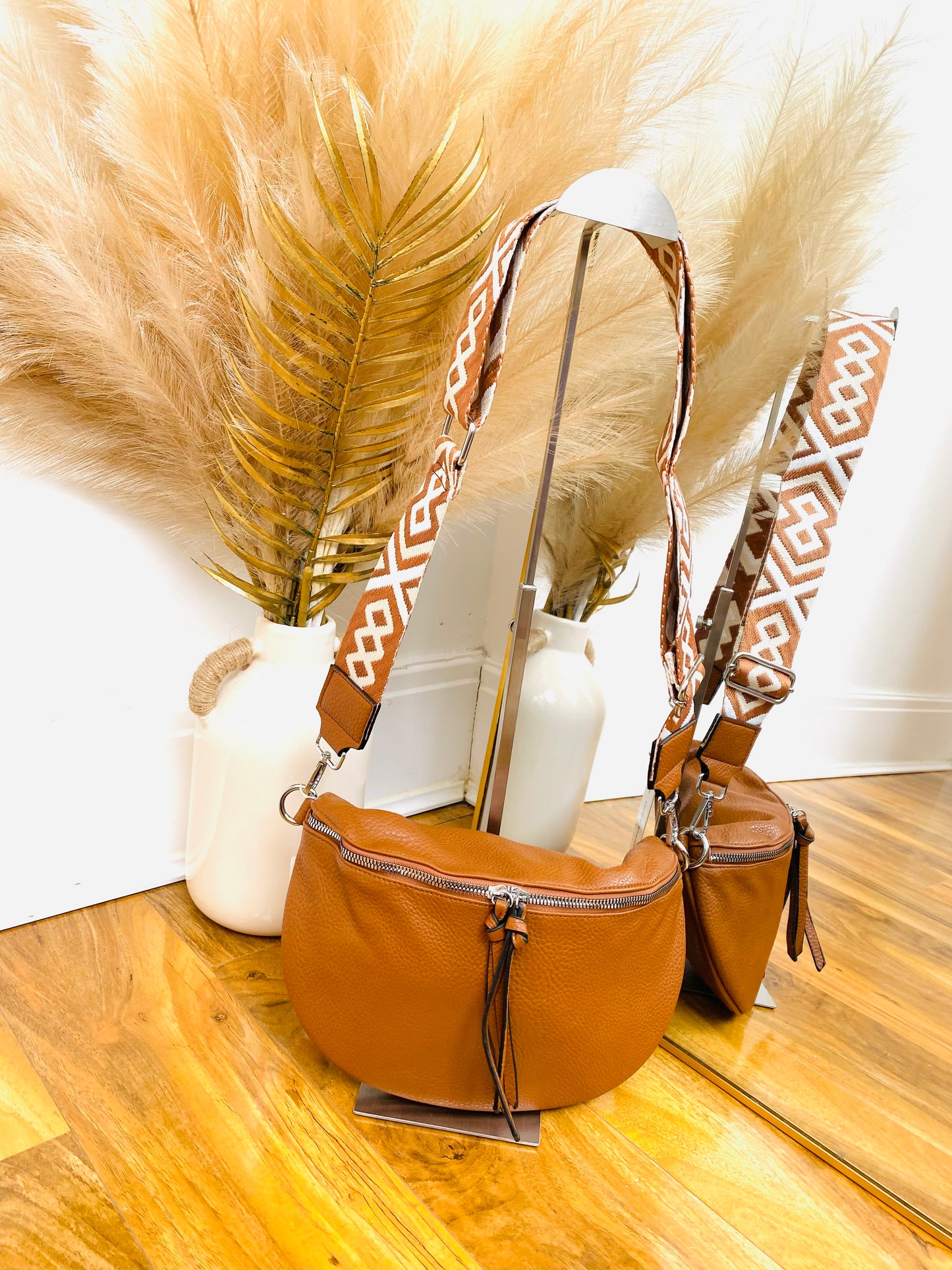 CASSEY - Tan Faux Leather Cross Body Bum Bag With Canvas Strap