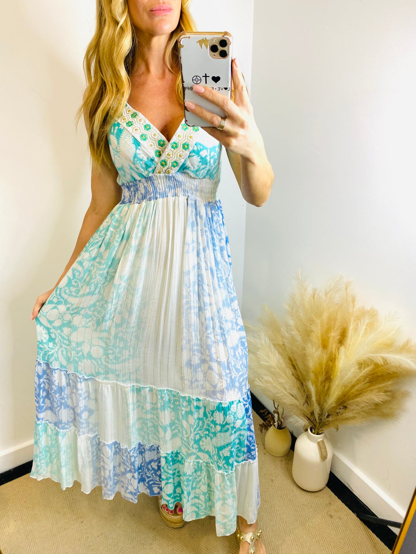 SOFIA - Pastel Floral Multi Print Strap Maxi Dress In Aqua