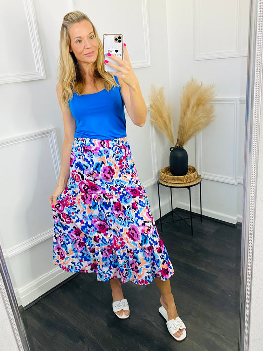 OREN- Pink & Blue Floral Midi Skirt