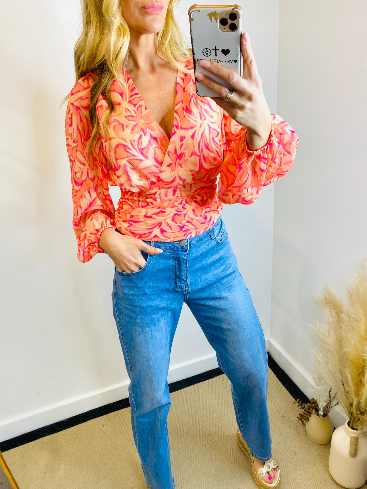 ADLEY - Tropical Print Wrap Style Long Sleeve Top In Coral (CLEARANCE)