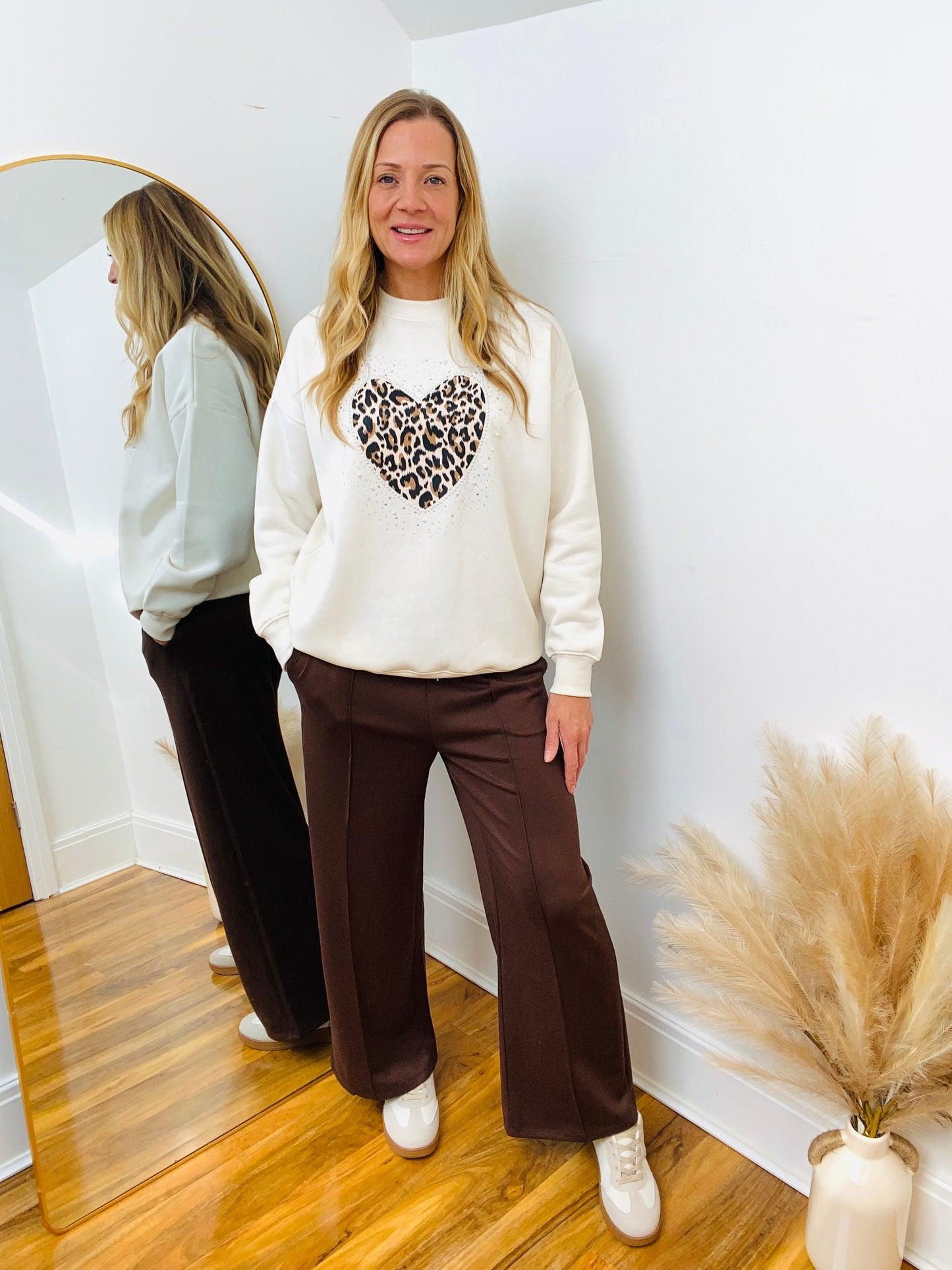 LEONA - Ivory Longline Leopard Heart Sweatshirt By Chilli & Charm