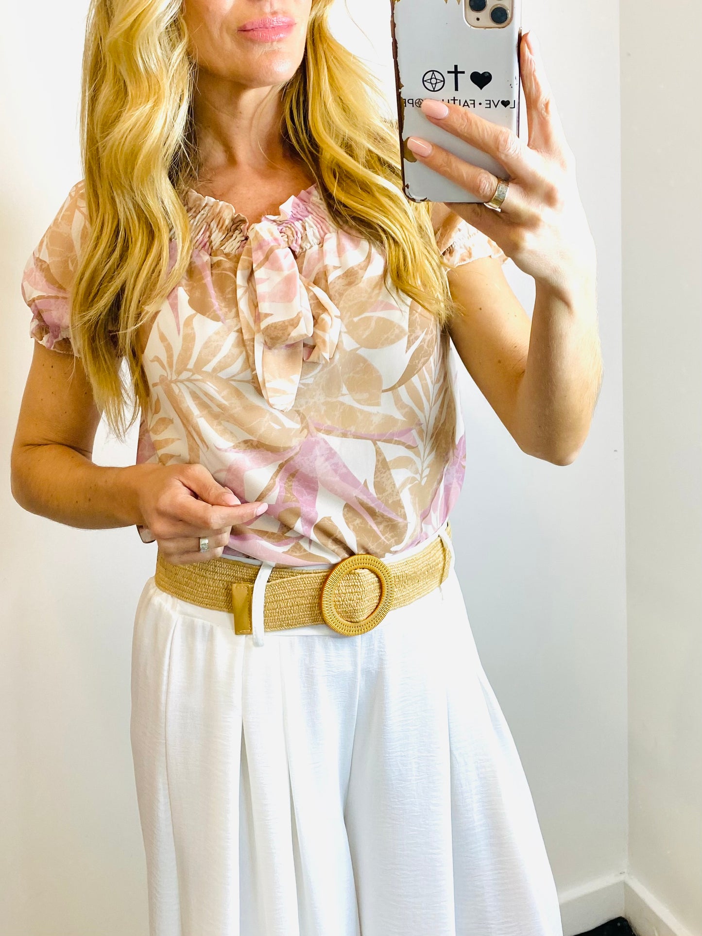 PIPPA - Tropical Print Bardot Top In Tan