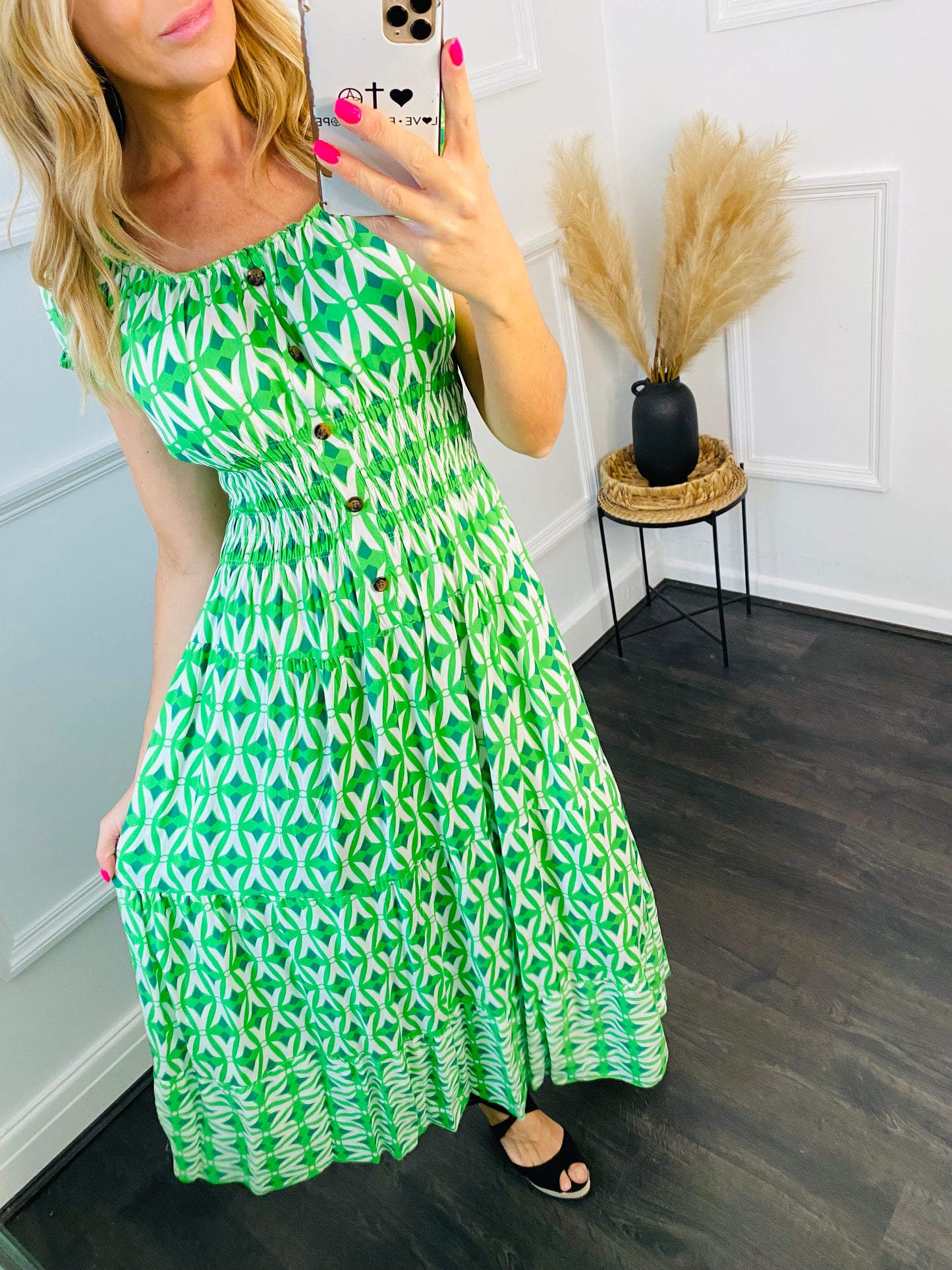 ZIA - Green Abstract Print Bardot Maxi Dress