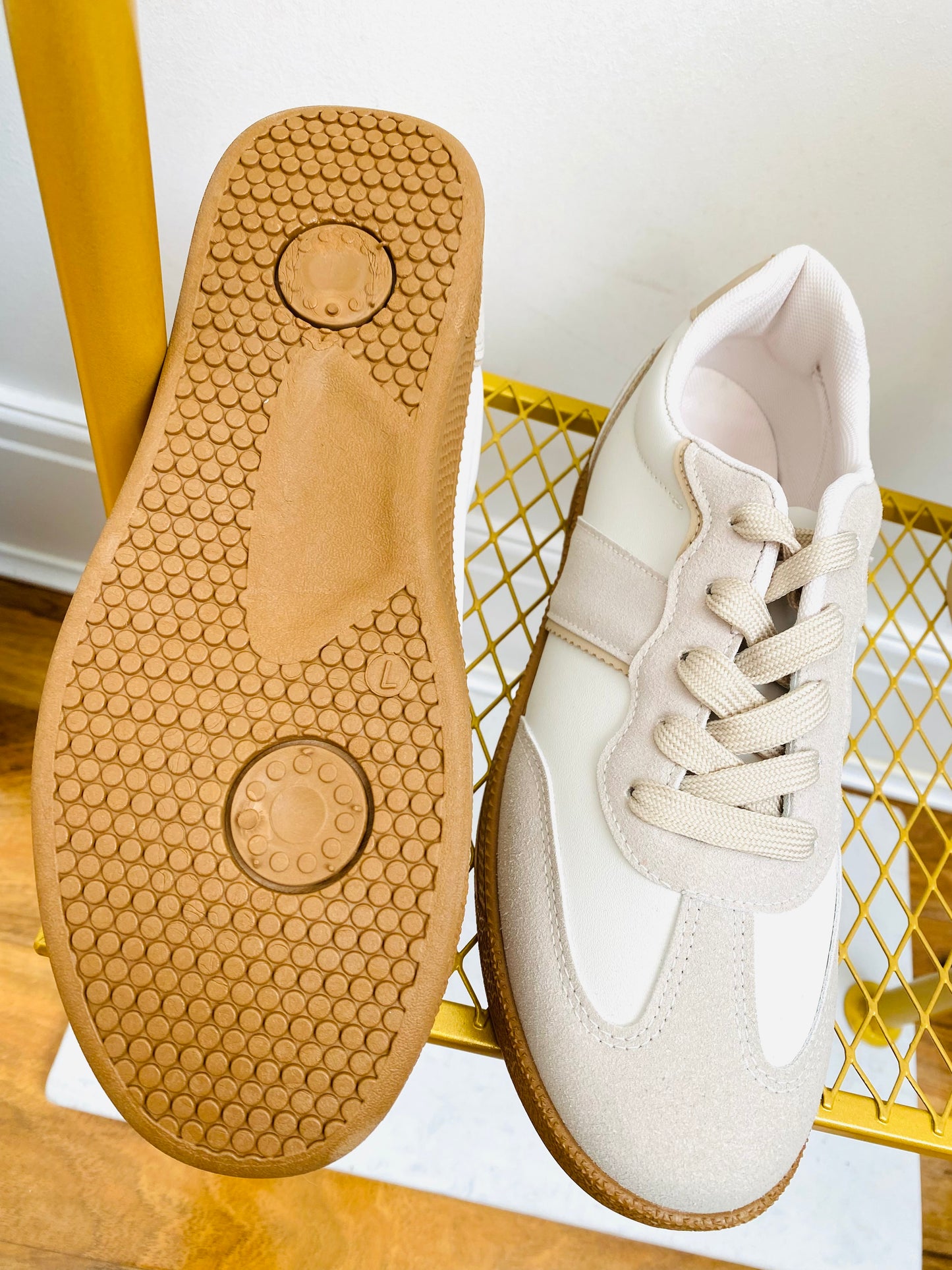 ATLANTA - Beige & Cream Faux Leather & Suede Gum Sole Trainer