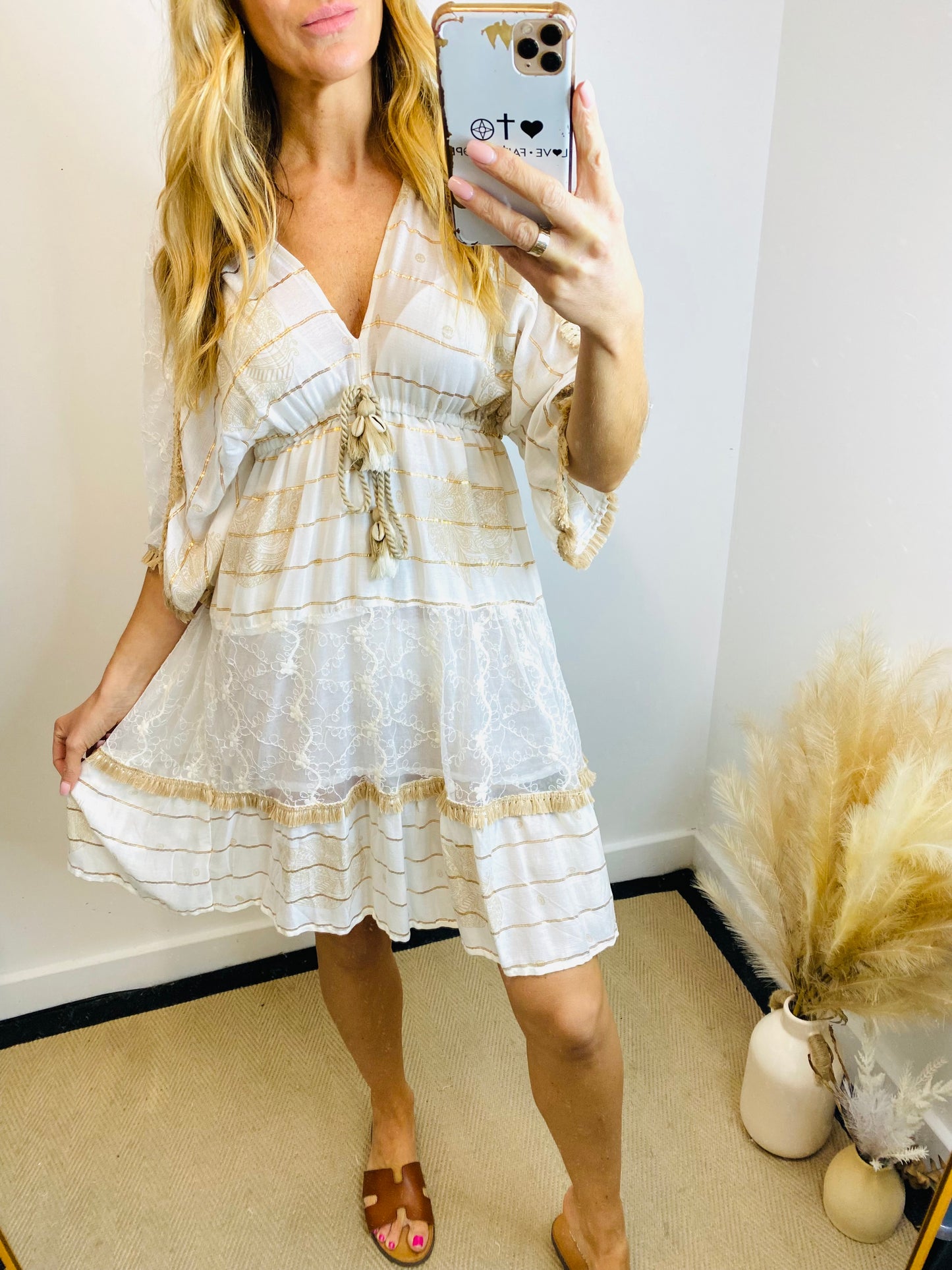 XALIA - Boho Kimono Style Dress In Cream & Gold
