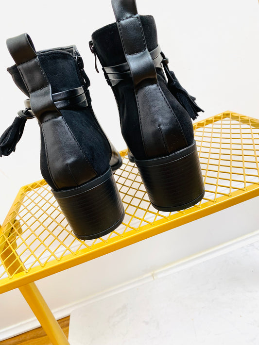 URBAN - Black Faux Leather & Suede Tassel Ankle Boot