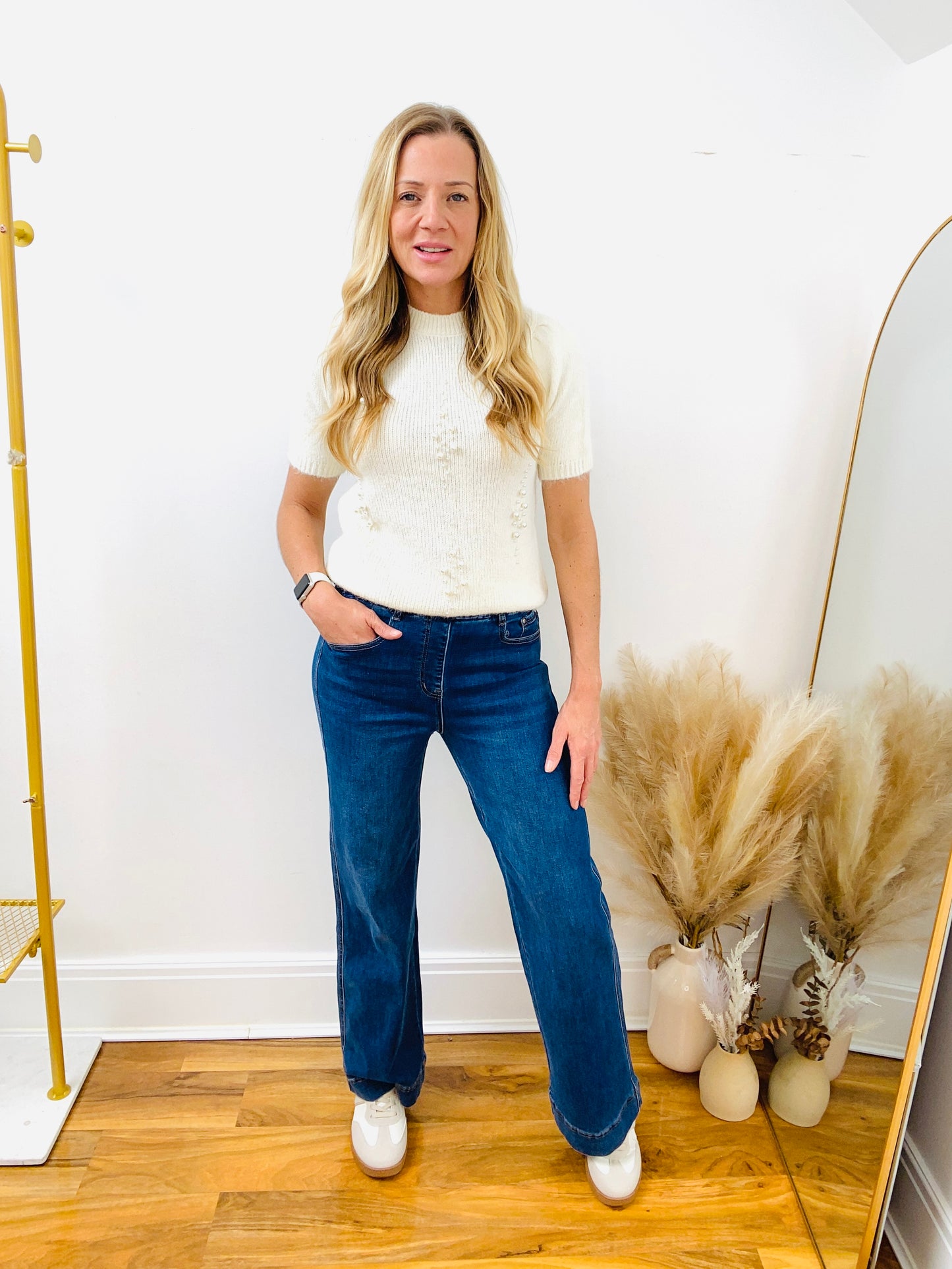 PEARL - Ivory Pearl Embellished Short Sleeve Wool Jumper By Wild Flower