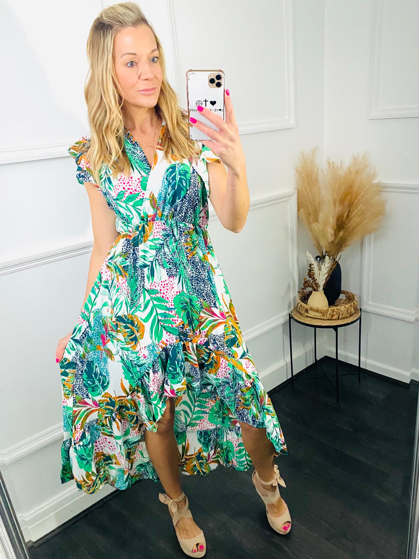 KASSY -  Green Tropical Print Dress