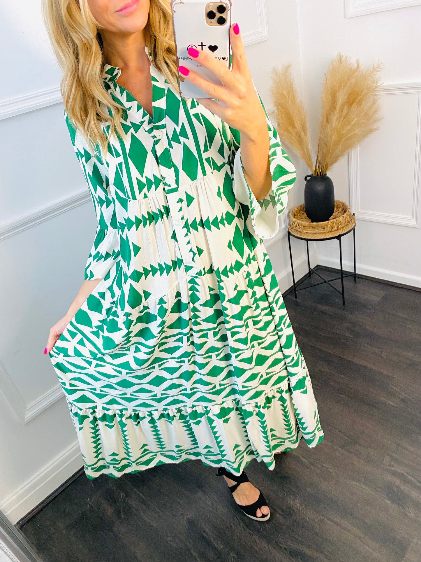 MARGOT - Green Aztec Maxi Smock Style Dress