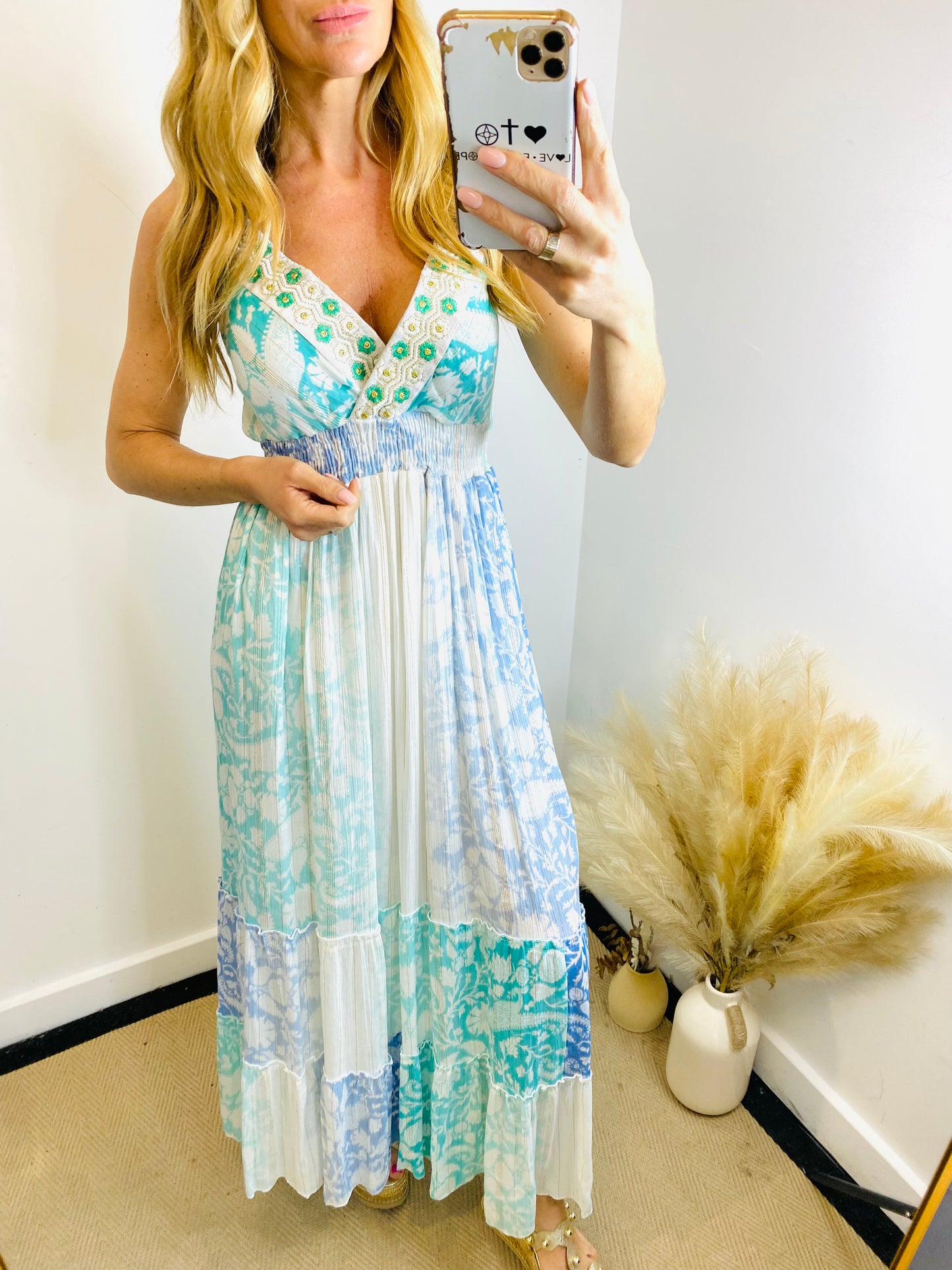 SOFIA - Pastel Floral Multi Print Strap Maxi Dress In Aqua