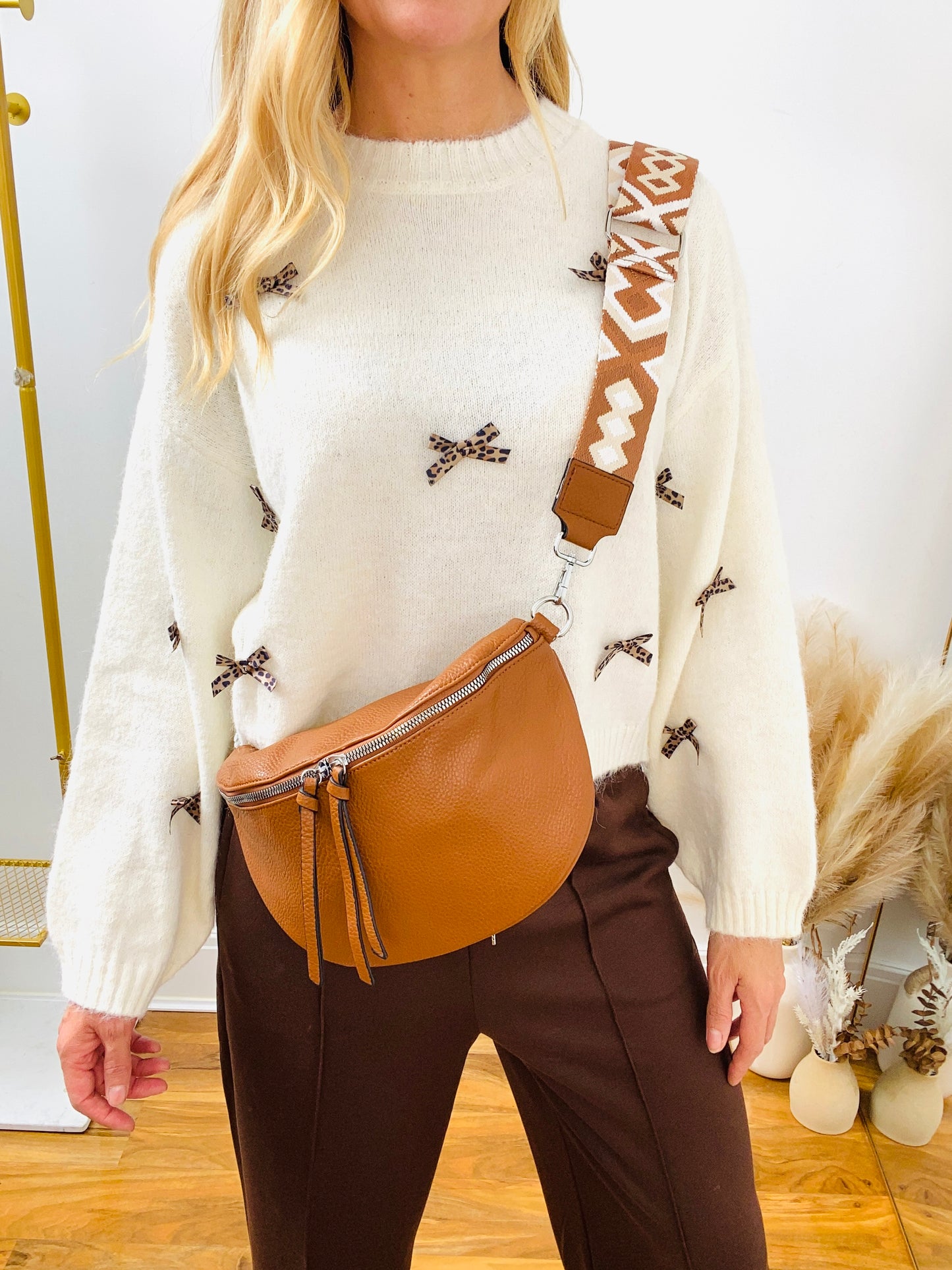 CASSEY - Tan Faux Leather Cross Body Bum Bag With Canvas Strap
