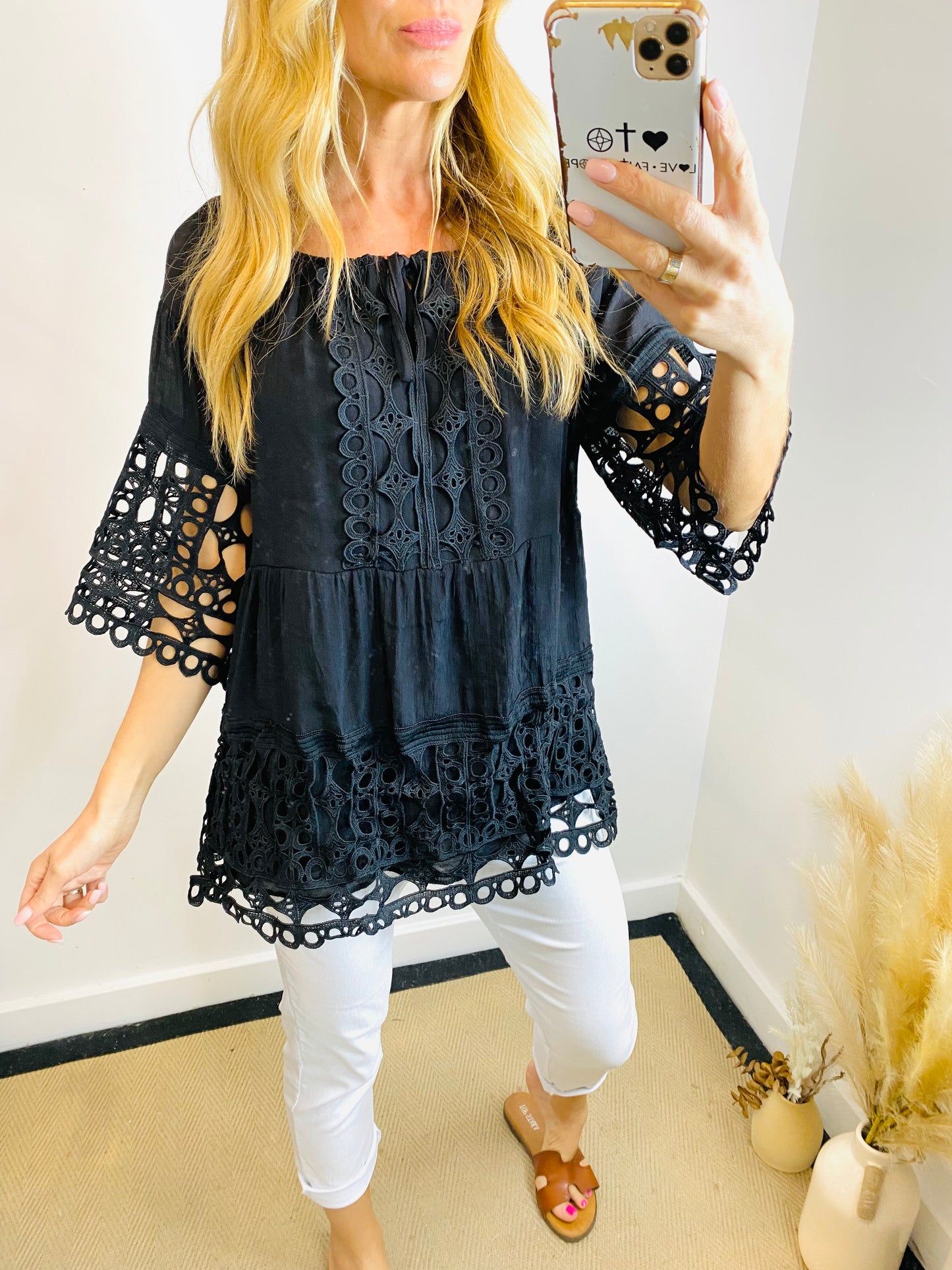 EBBA - Crochet Smock Style Top In Black