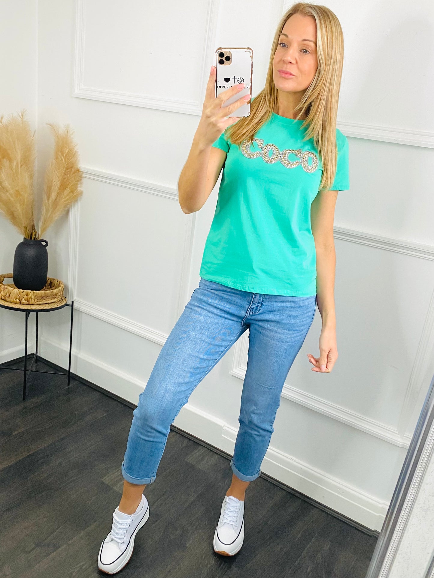 COCO - Green Fitted Style Diamante T-Shirt