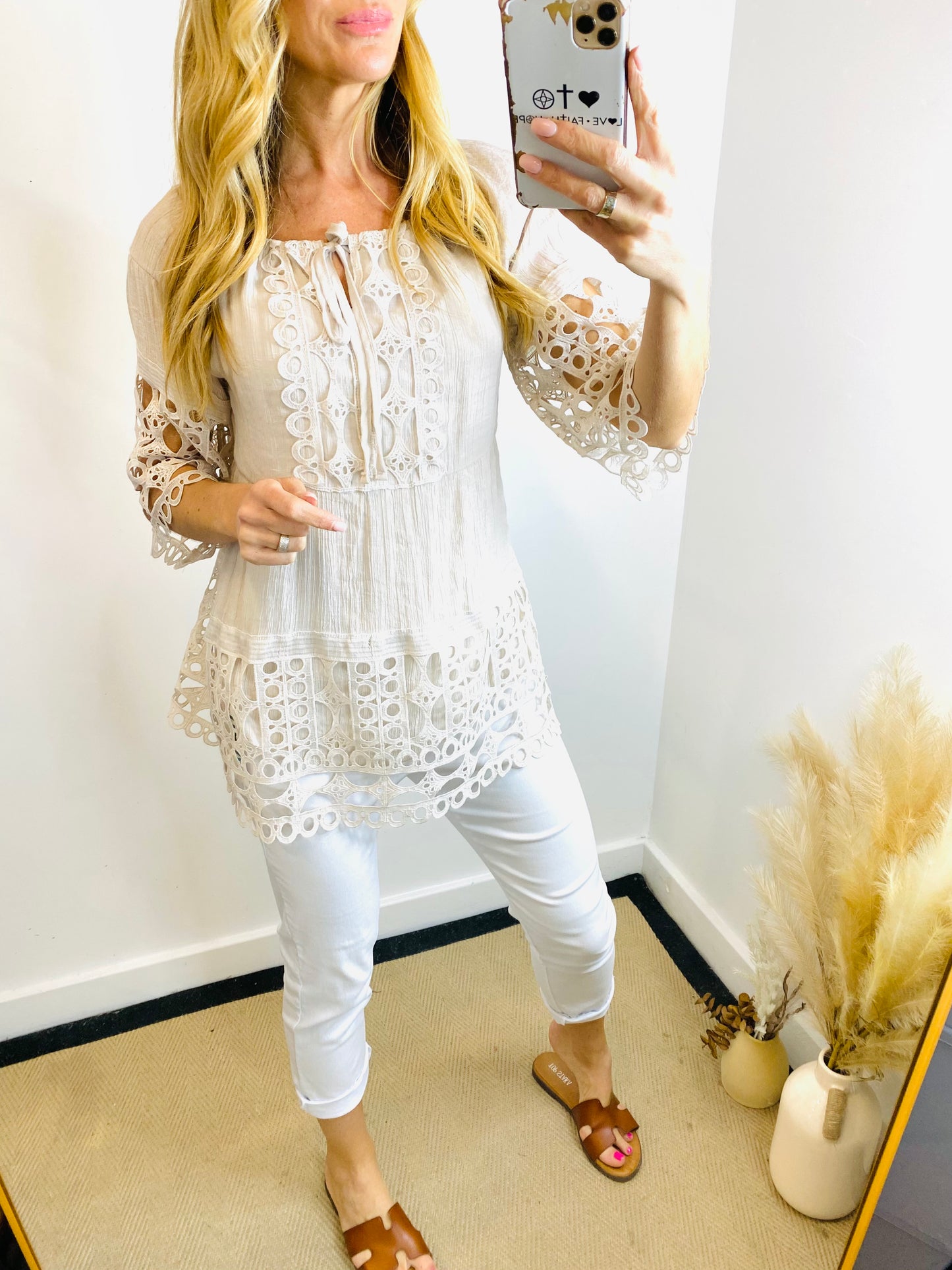 EBBA - Crochet Smock Style Top In Oatmeal