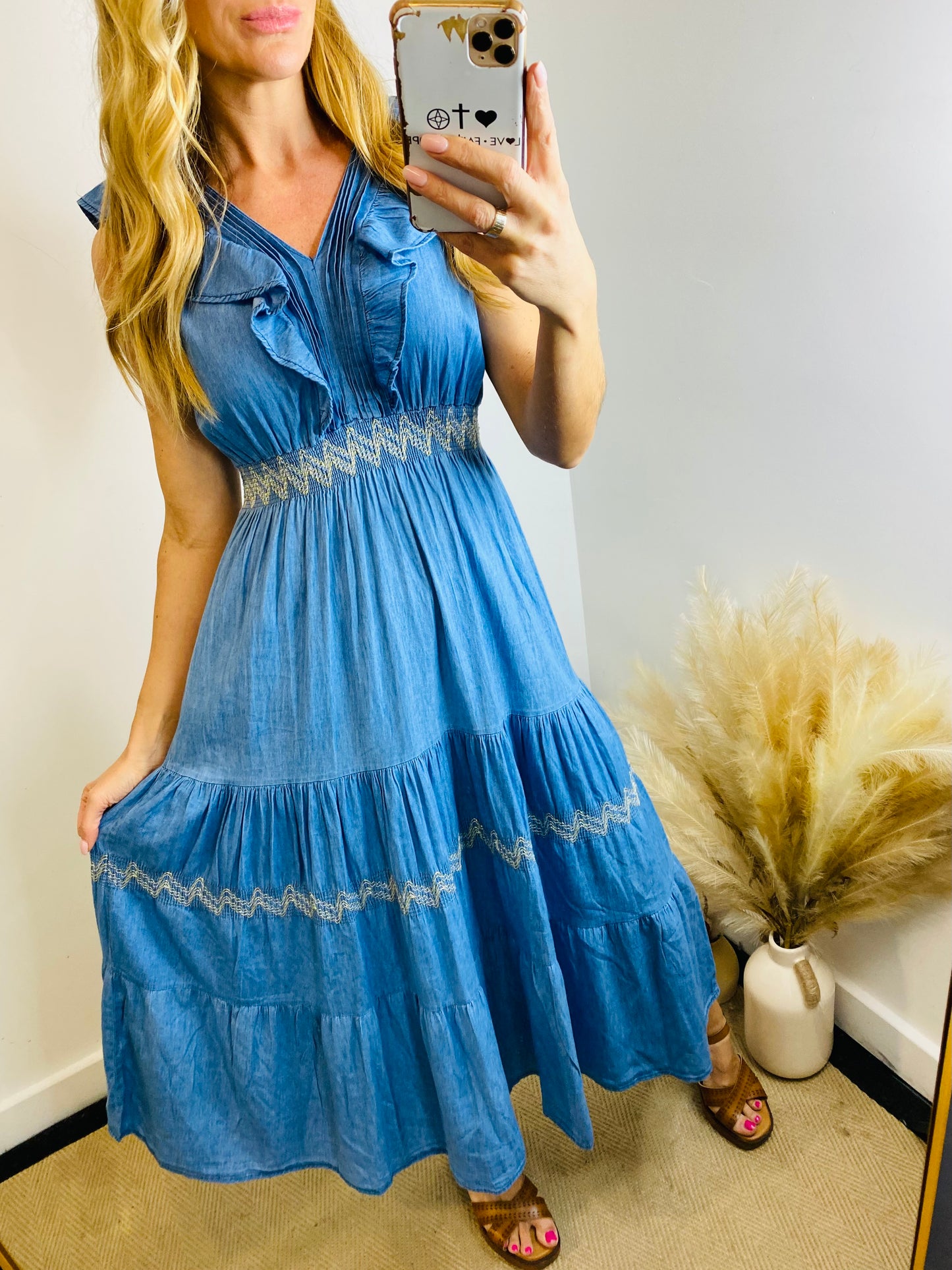 ONYA - Ruffle Gypsy Style Denim Maxi Dress