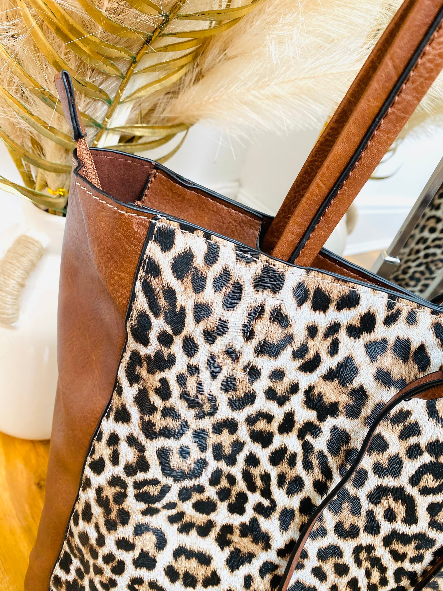 SADIE - Tan Leopard Faux Leather Shopper Bag With Insert Pouch