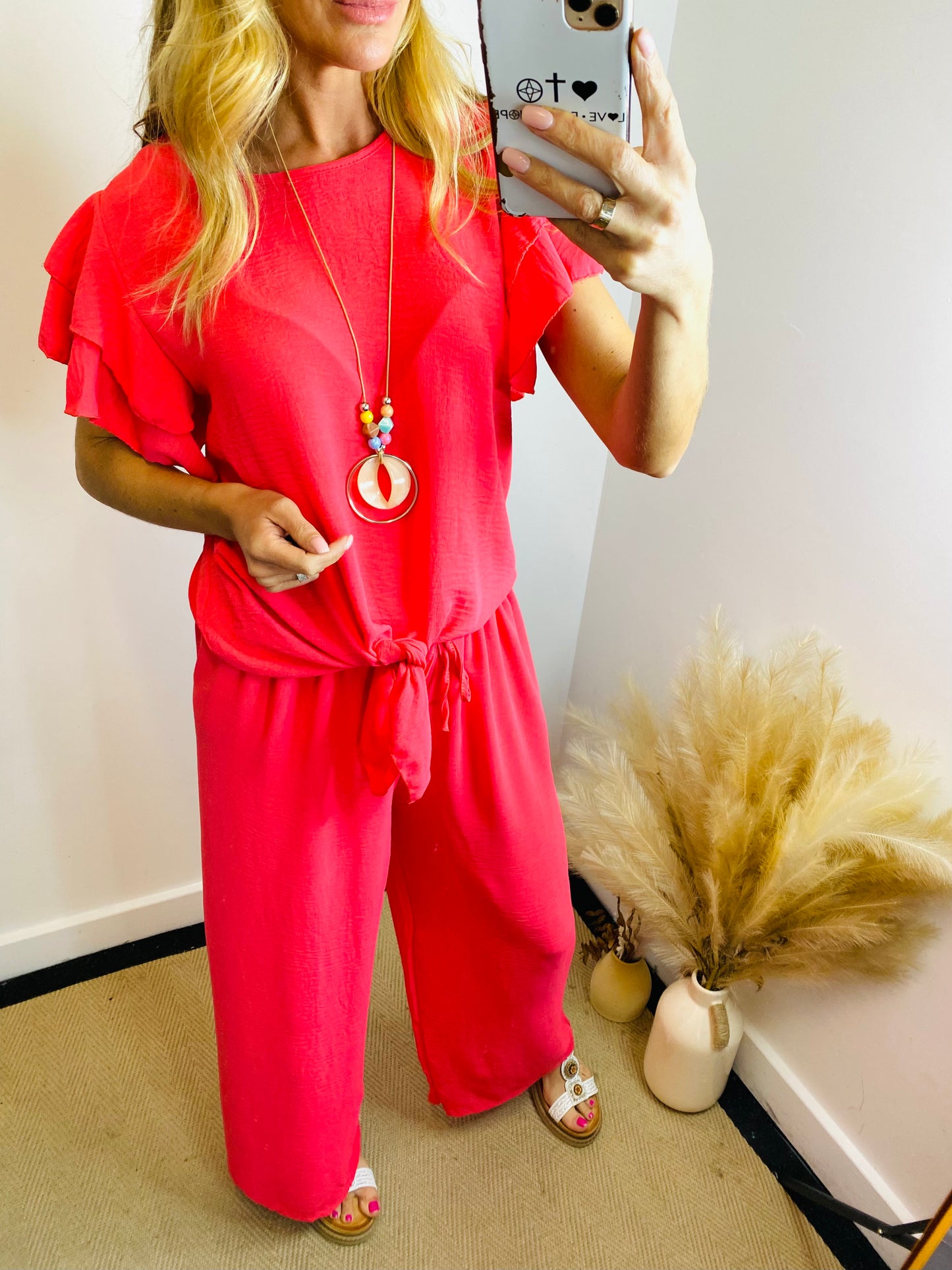 AIMEE - Tie Top Short Sleeve Necklace Co-ord Set In Coral