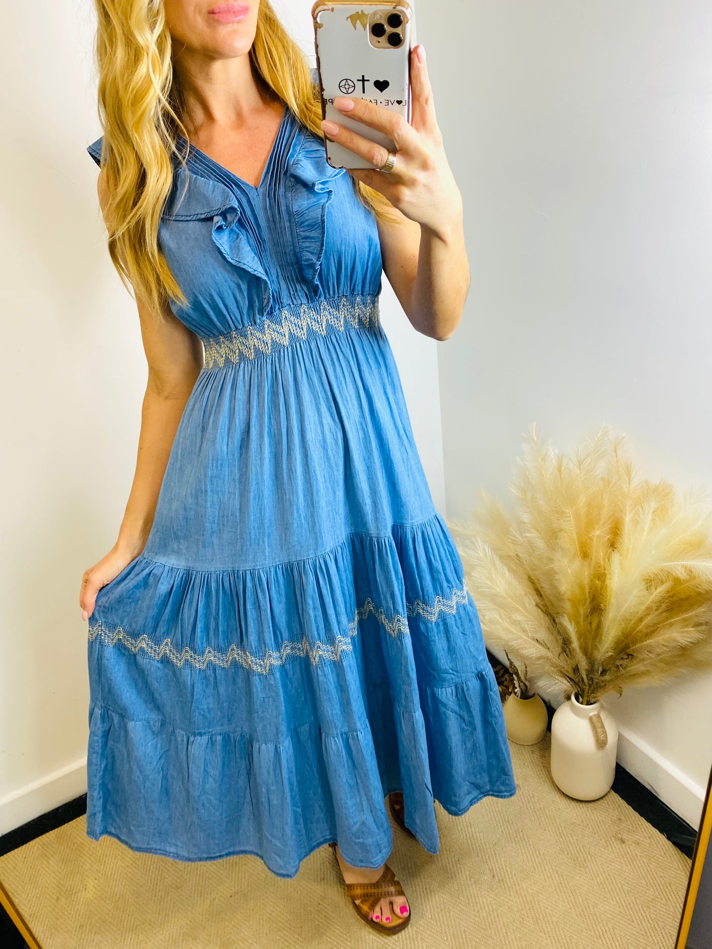 ONYA - Ruffle Gypsy Style Denim Maxi Dress