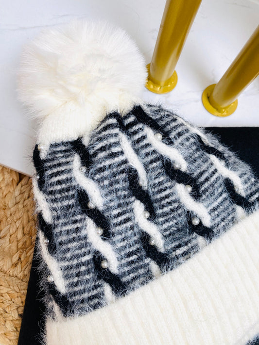 BUNDLE 4 - White & Black Pearl Hat & Plain Black Scarf