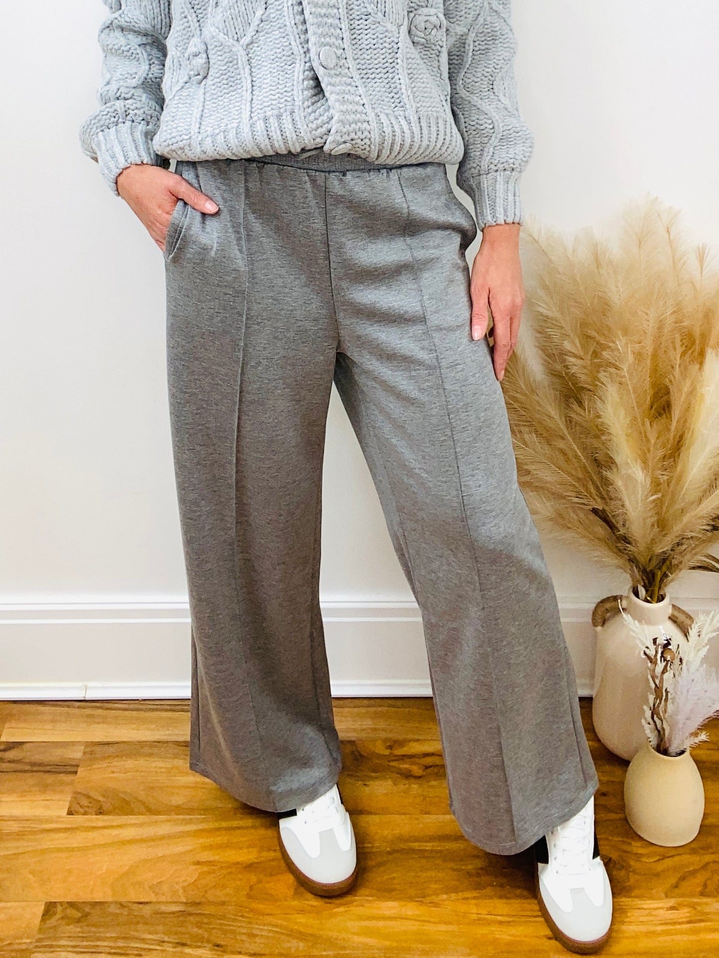 JASMINE - Grey Pintuck Wide Leg Jogger By QED London