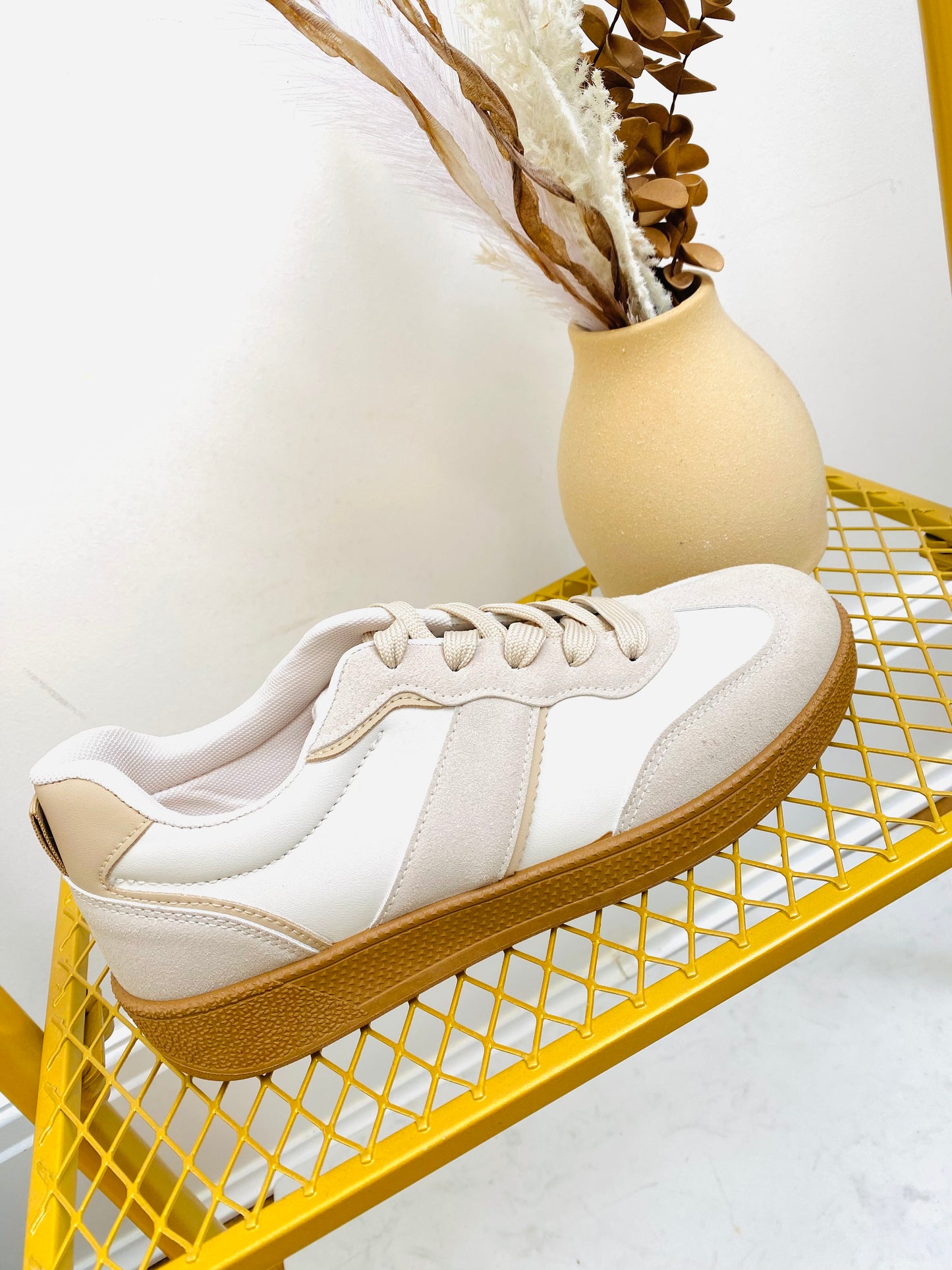 ATLANTA - Beige & Cream Faux Leather & Suede Gum Sole Trainer