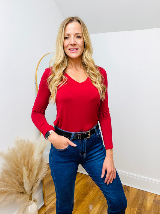 MAISE - Wine Red Long Sleeved V neck Double Layer Top