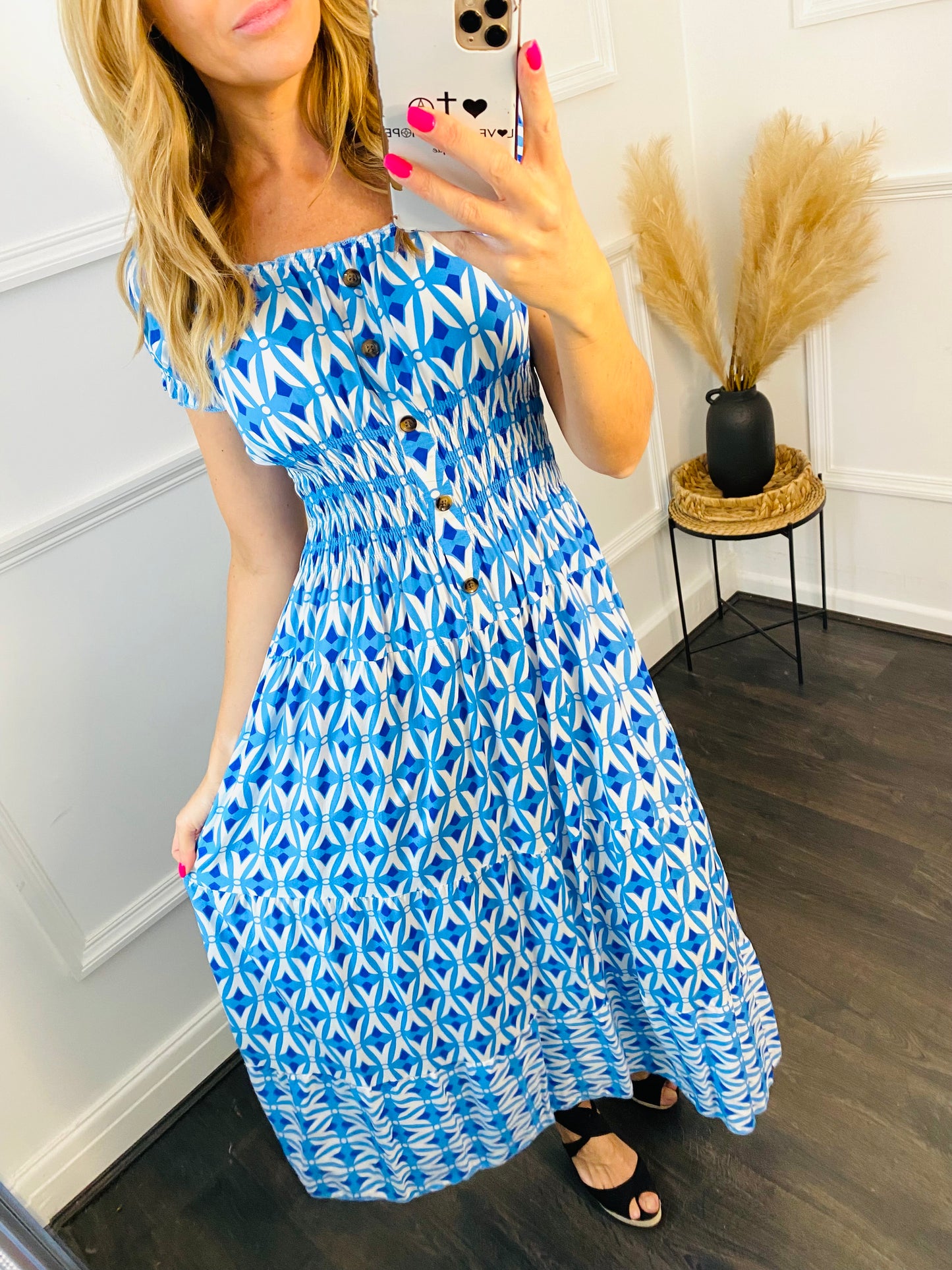 ZIA - Blue Abstract Print Bardot Maxi Dress