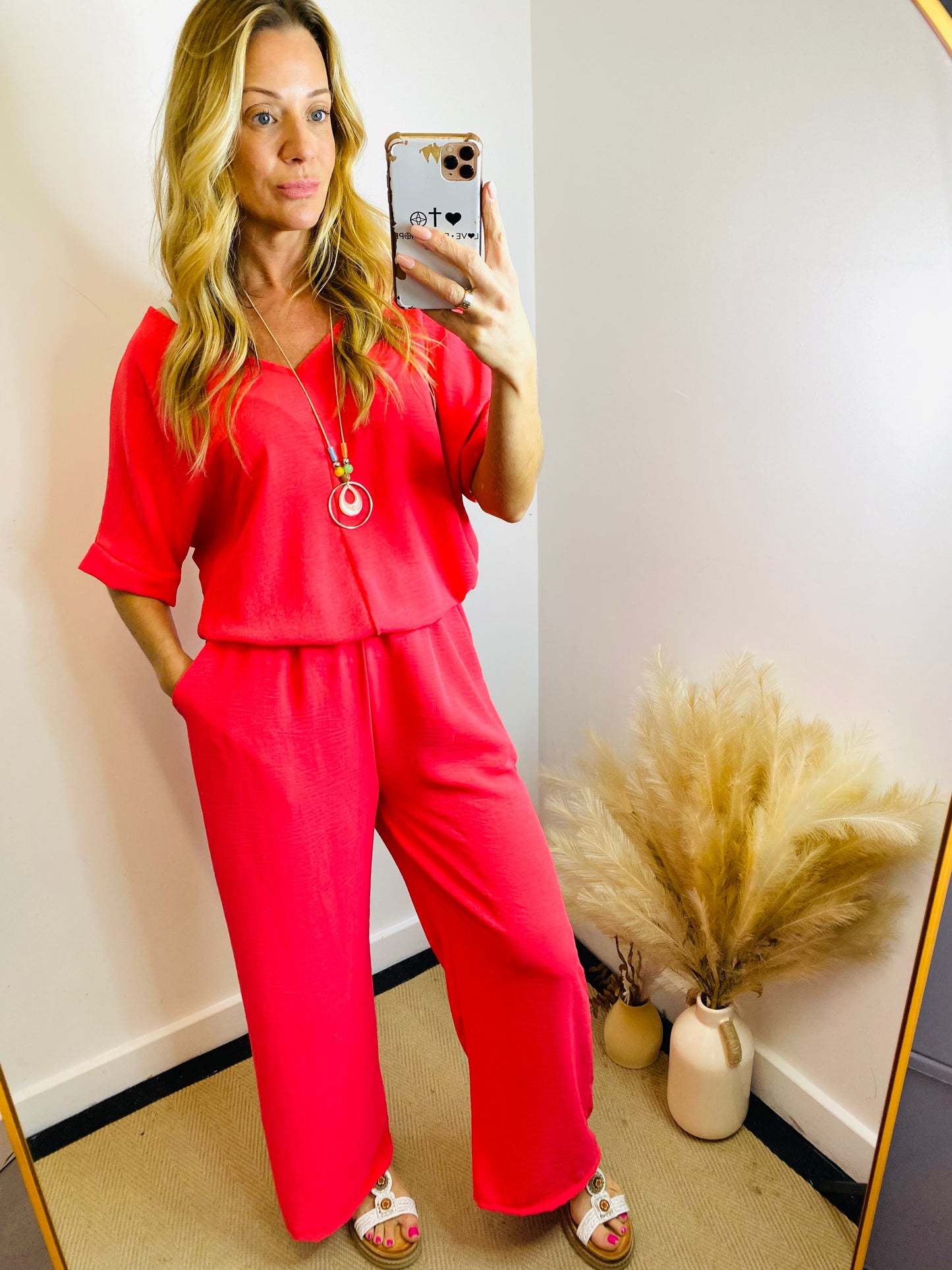 TIFFANY - V Neck Short Sleeve Necklace Co-ord Set In Coral