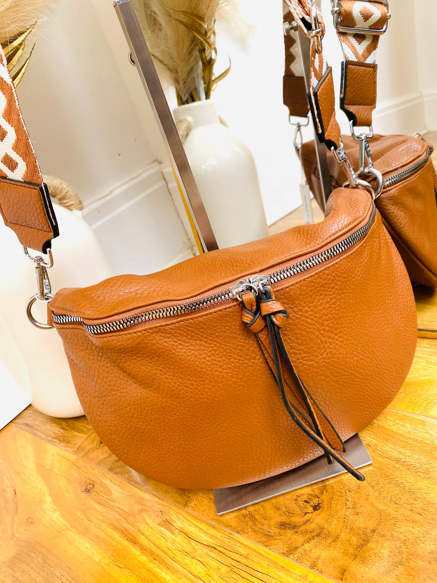 CASSEY - Tan Faux Leather Cross Body Bum Bag With Canvas Strap