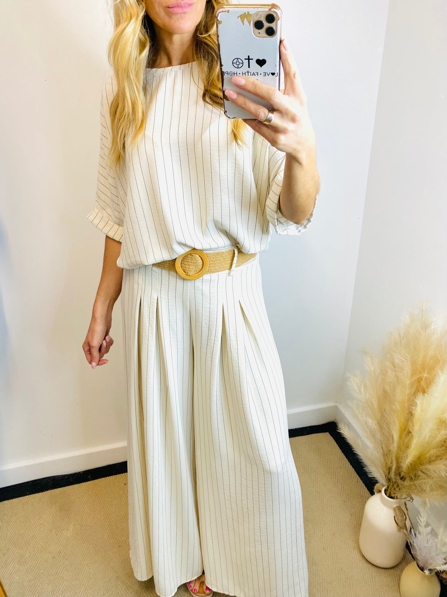 BONNIE - Short Sleeve Pinstripe Top In Cream (CLEARANCE)