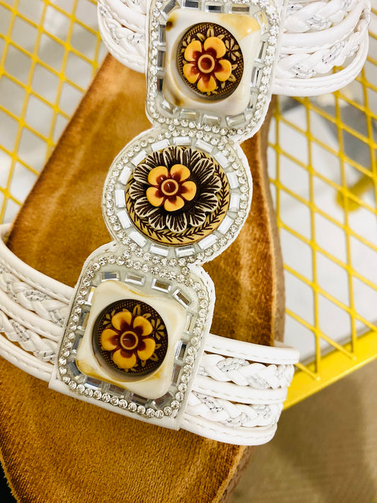 ROMA - Flower Beaded Sandal In White (CLEARANCE)
