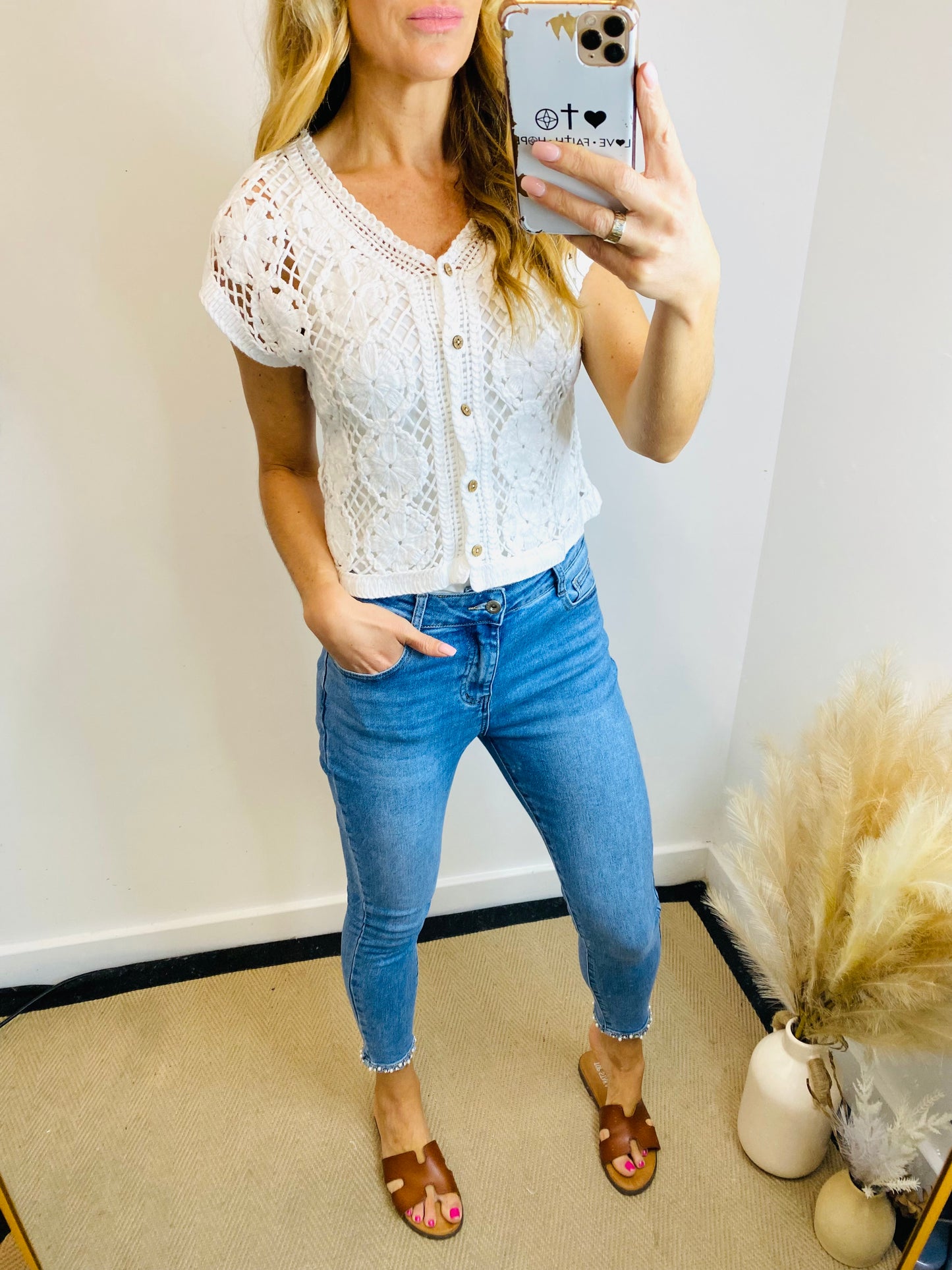 ELSA - Cotton Crochet Cap Sleeve Cardigan In White