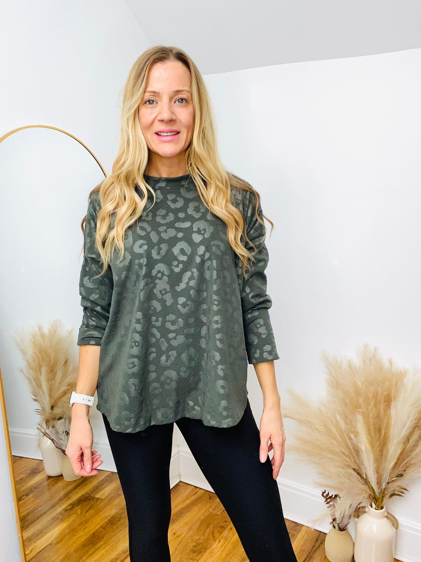 KHAKI VELVET ANIMAL PRINT TOP