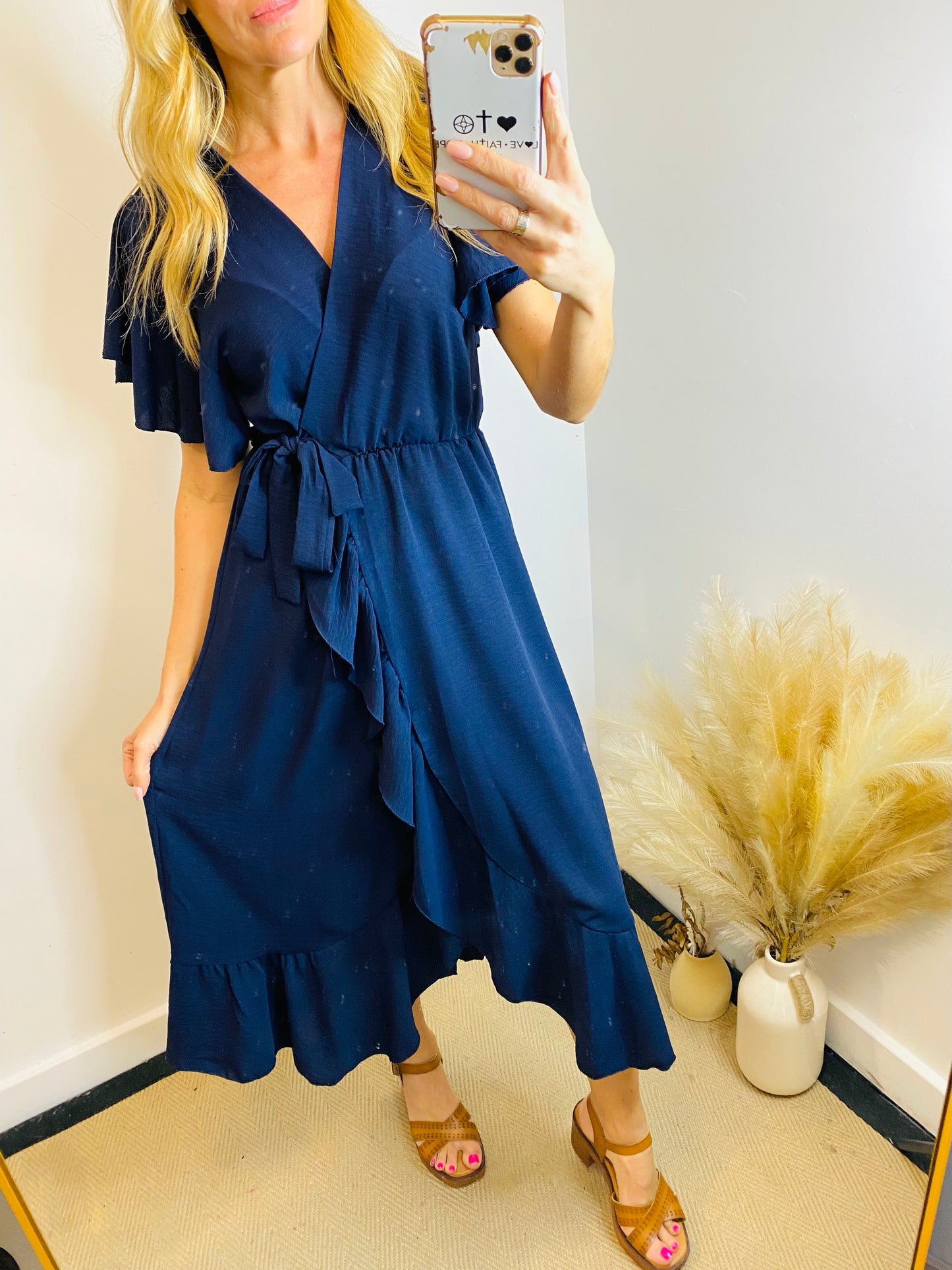 DARA - Plain Ruffe Wrap Style Dress In Navy