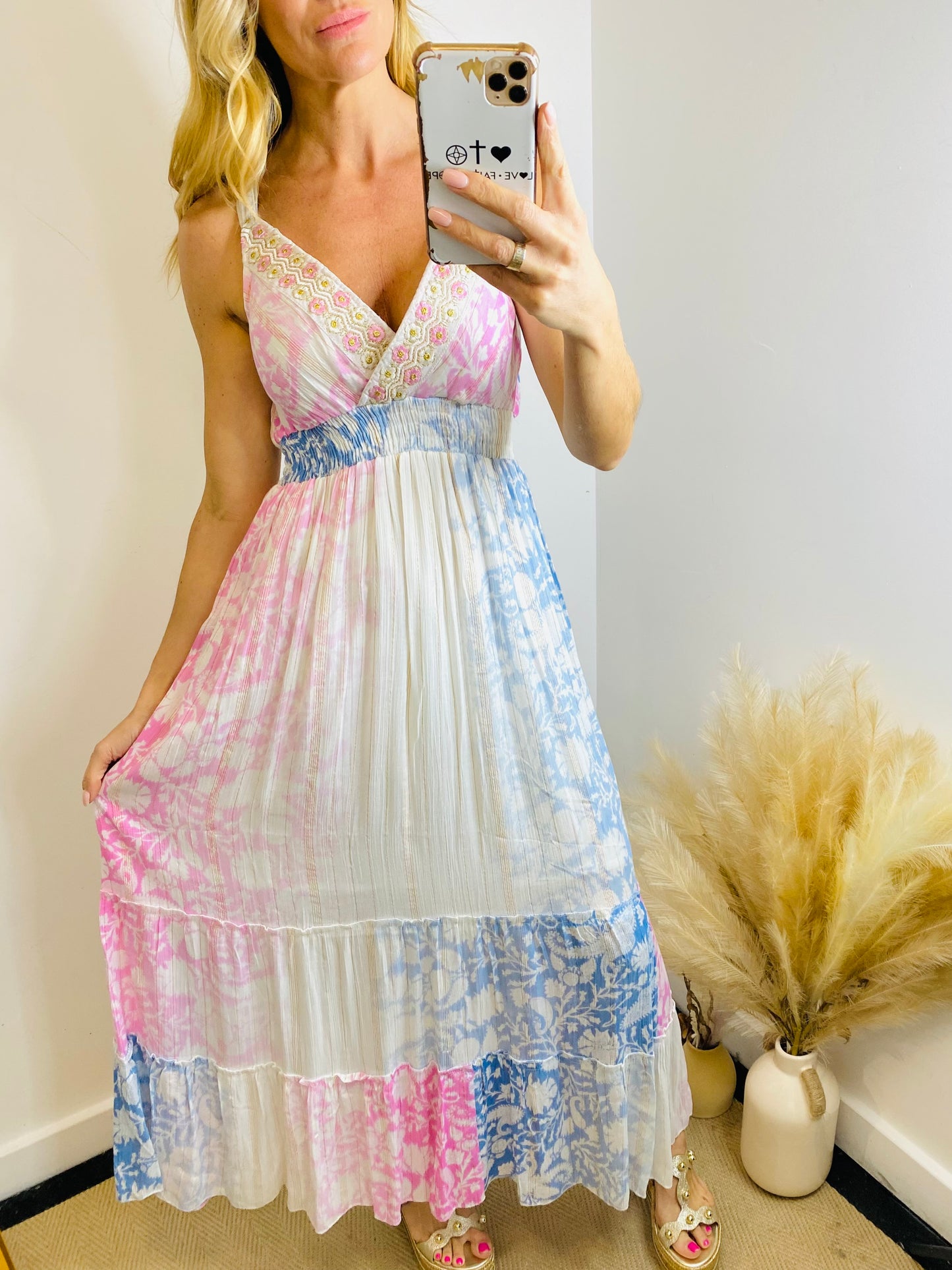 SOFIA - Pastel Floral Multi Print Strap Maxi Dress In Pink & Blue