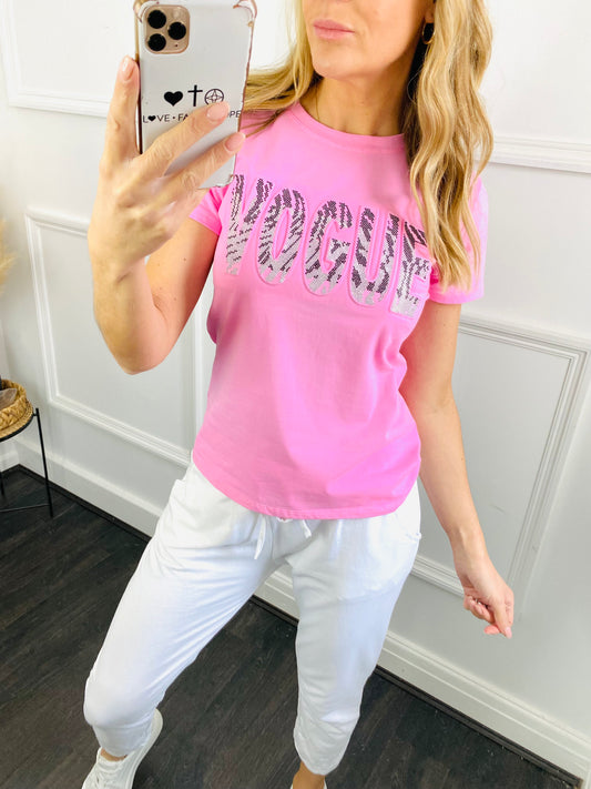 VOGUE - Pink Fitted Style Gemstone T-Shirt