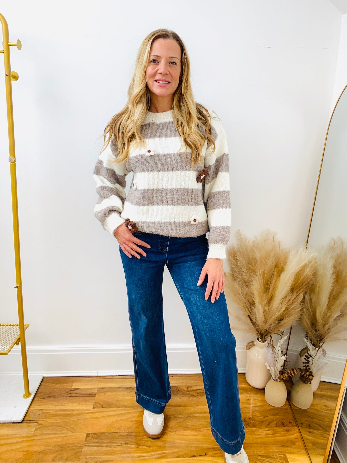 NANCY - Ivory Striped Wool Jumper With Flower Detail By Wild Flower