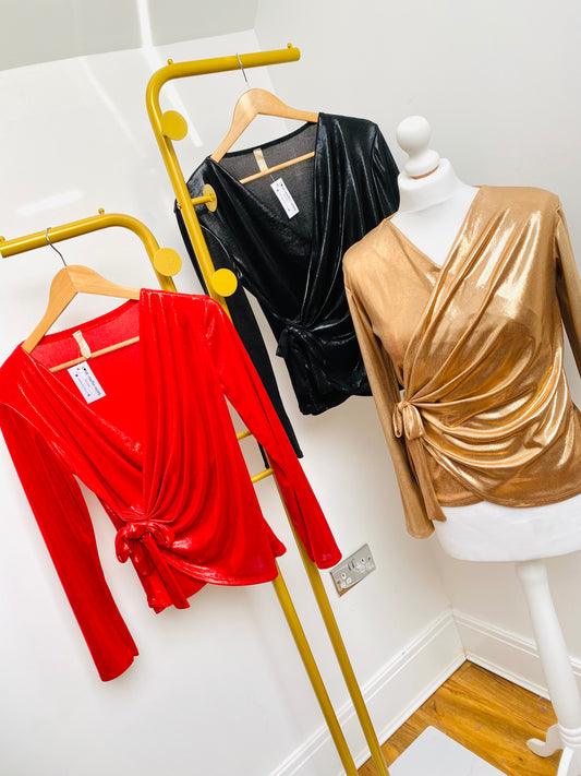 Metallic Fitted Tie Long Sleeved Top In Black LFH067 (CLEARANCE)