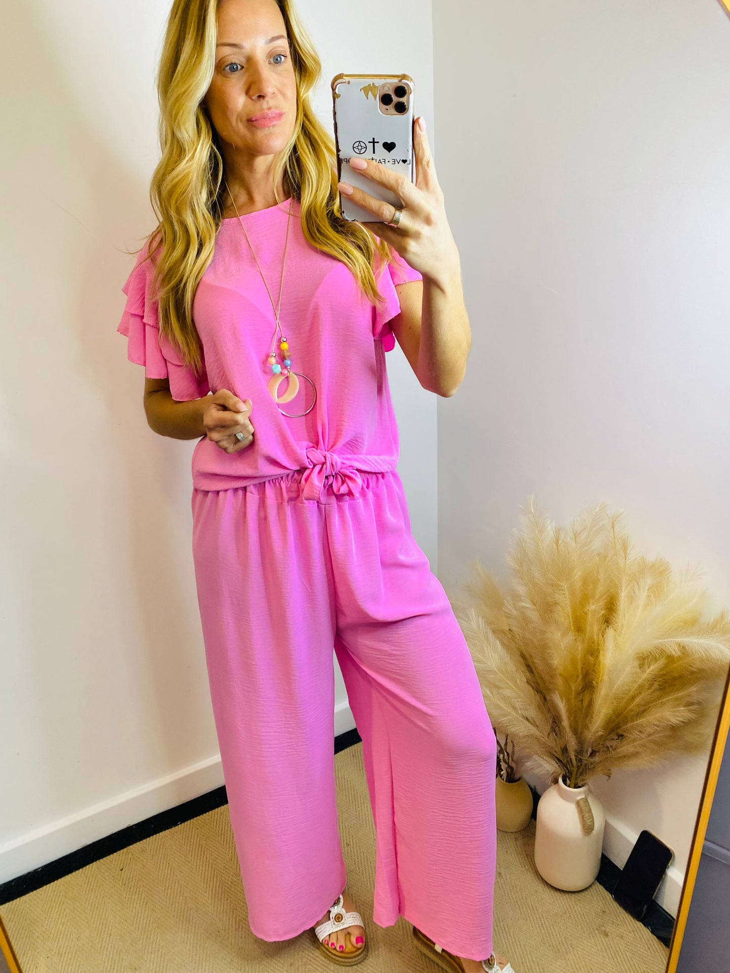 AIMEE - Tie Top Short Sleeve Necklace Co-ord Set In Bubble Gum Pink